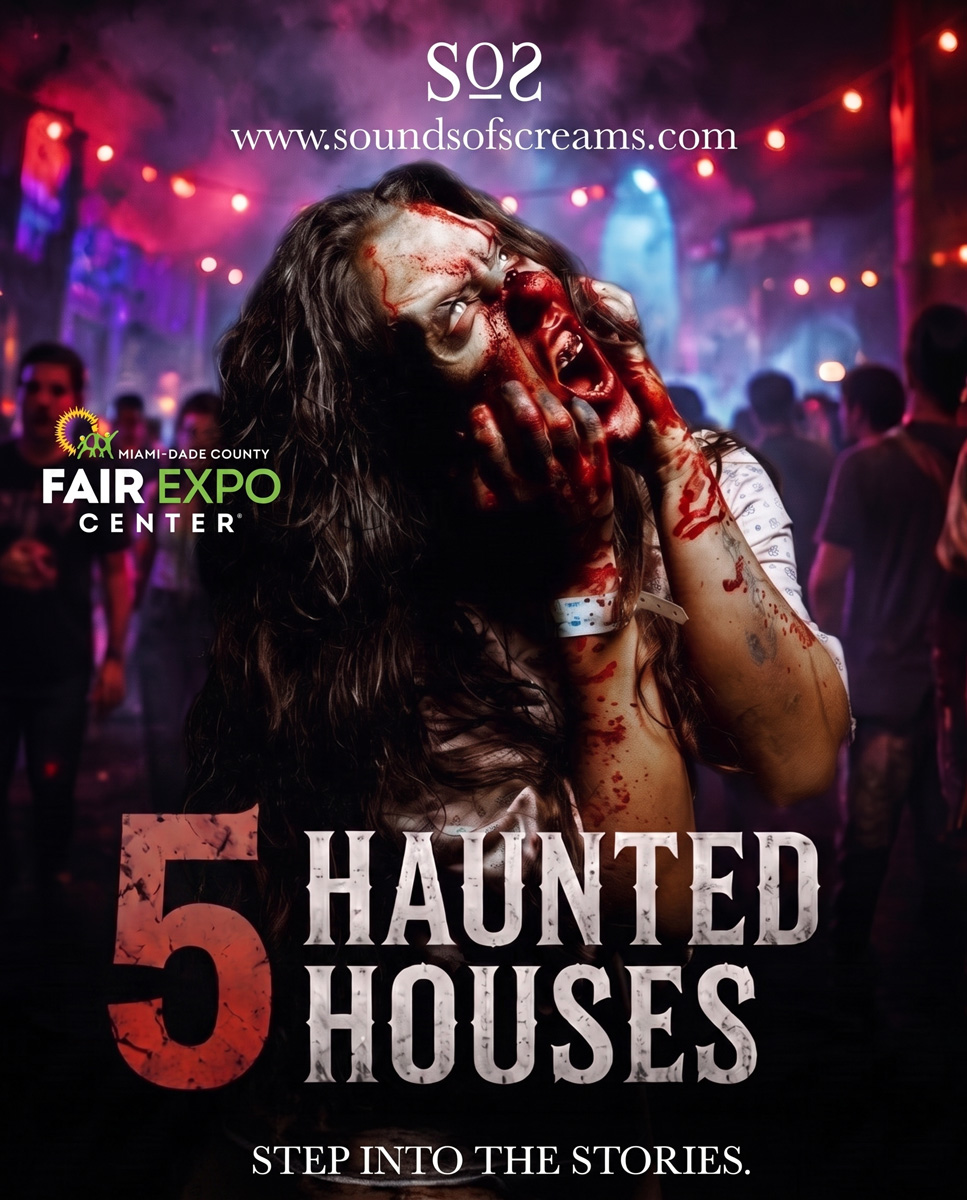 Bloody screaming woman promoting 5 haunted houses at Sounds of Screams Miami-Dade Fair Expo Center