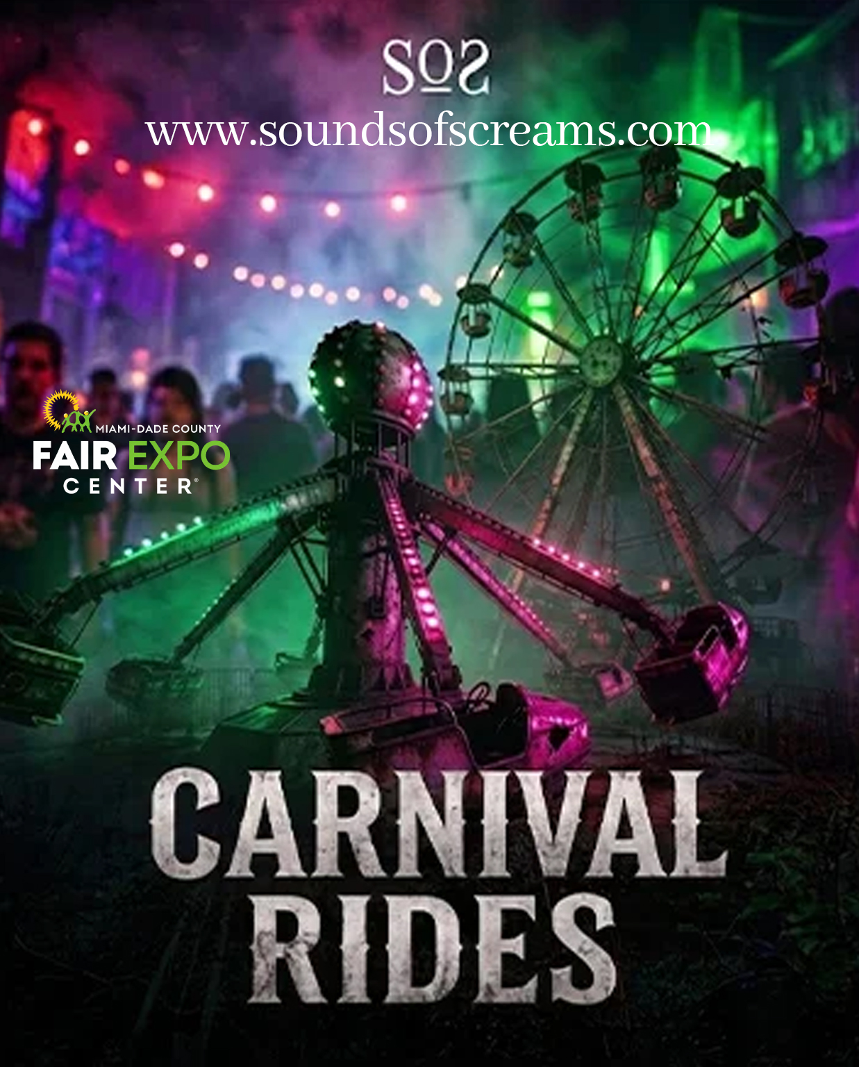 Night carnival with spinning ride and Ferris wheel at Sounds of Screams