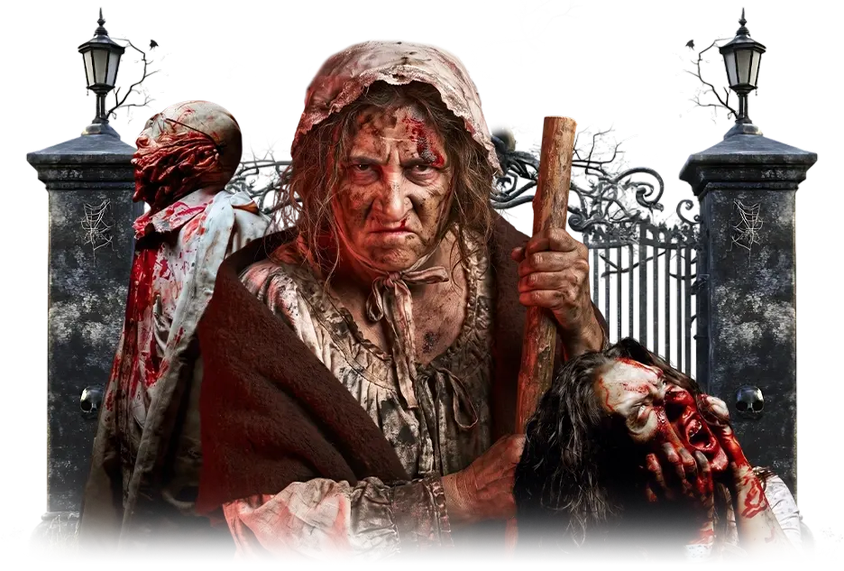 Horror characters at the wrought-iron gates of Sounds of Screams in Miami